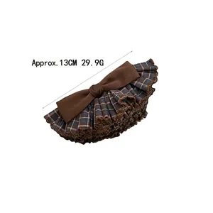 Brown silk bow hair clip with dark blue plaid lace trim, 13cm banana twist clip