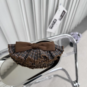 Vintage Maillard Plaid Bow Banana Clip For Women Coffee Ruffled Lace Fabric Hair Clip Preppy Style Hair Accessories