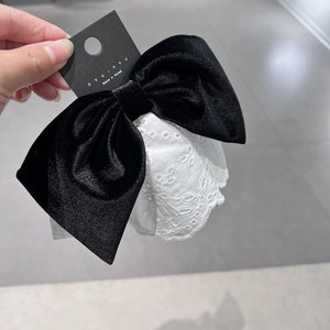 Elegante fermaglio per capelli coreano a fiocco in velluto nero e pizzo bianco