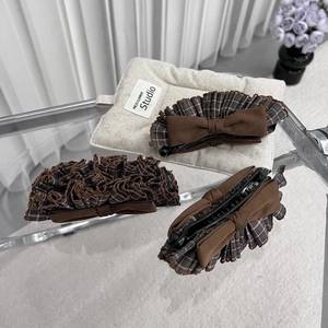 Maillard brown plaid bow banana hair clip with elegant lace trim for a vintage hair look