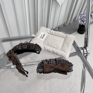 Brown plaid bow banana clip and headband set for women, vintage hair accessories