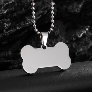 Polished stainless steel bone shaped dog tag pendant with silver bead chain necklace