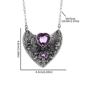 Vintage silver heart gemstone necklace with detailed dimensions and purple stone pendant