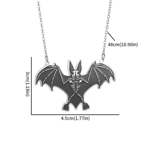 Detailed view of Gothic bat skeleton pendant necklace with precise size measurements