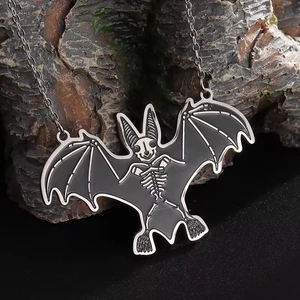 Gothic stainless steel bat skeleton pendant necklace with black enamel for men and women