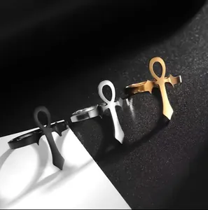Bague Croix Ankh Égyptienne en Acier Inoxydable Vintage Unisexe Symbole de Vie Rétro Bijoux Religieux Noir Or Argent Ouverte