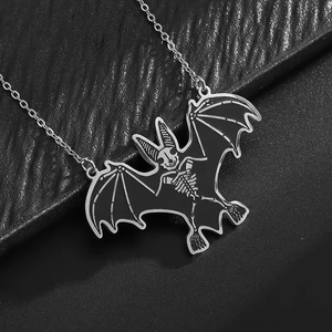 Gothic silver stainless steel skeleton bat pendant necklace with black enamel inlay