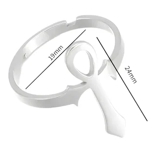 Bague croix Ankh en acier inoxydable argenté poli avec dimensions de 19mm