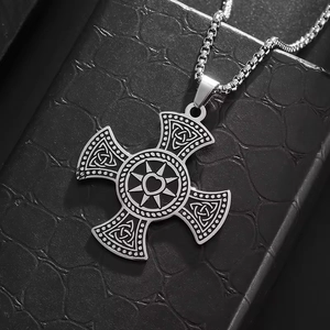 Silver Celtic cross pendant necklace in stainless steel with triquetra knot engraving