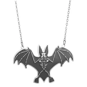 Gothic stainless steel bat skeleton pendant necklace in silver and black for men and women
