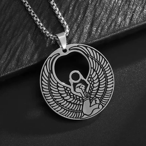 Collier en acier inoxydable avec pendentif circulaire découpé de la déesse égyptienne Isis