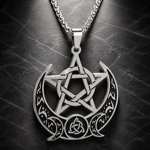 Vintage Edelstahl Halskette mit Pentagramm Mondsichel und Triquetra Knoten Akzenten