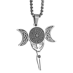 Pendentif Triple Lune de la déesse Hécate en acier inoxydable argenté poli