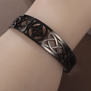Fashionable black hollow stainless steel Celtic knot open cuff bracelet for men and women