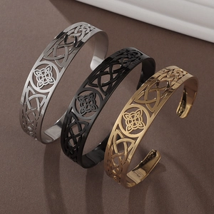 Vintage Celtic Knot Hollow Out Stainless Steel Cuff Bracelet Adjustable Open Bangle For Men Women Ethnic Style Jewelry Gift