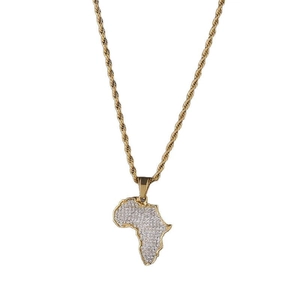 Collier pendentif carte d'Afrique doré hip hop avec zircons brillants sur chaîne torsadée