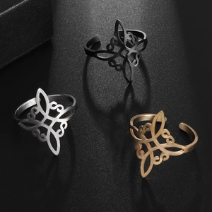 Three-color Irish Witch's Knot stainless steel open rings in silver, black and rose gold