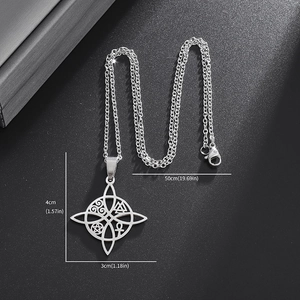 Stainless steel witch knot pendant necklace with mystical Celtic symbols on grey background