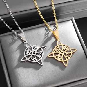 Vintage stainless steel witch knot pendant necklace in gold and silver finishes