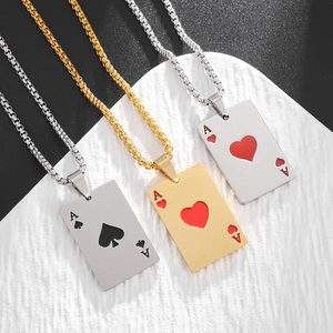Pendentifs cartes de poker as de pique et cœur en acier inoxydable poli sur chaîne boîte