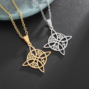 Vintage Stainless Steel Witchs Knot Pendant Necklace For Women Men Hollow Celtic Knot Pentagram Ankh Charm Wiccan Jewelry