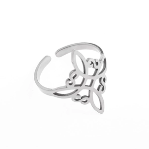 Polished stainless steel Irish Celtic knot open adjustable ring with intricate cutout patterns
