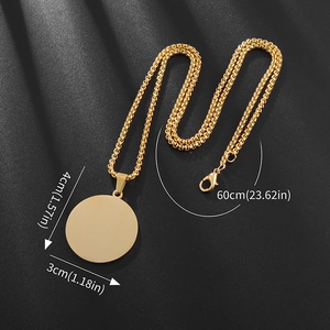 Polished gold stainless steel circular pendant necklace on 60cm box chain for women