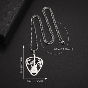 Guitar pick heart necklace in polished stainless steel with musical note patterns