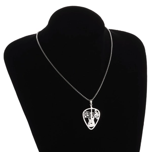 Music-themed necklace with guitar pick hollow pendant and music notes on black neck model