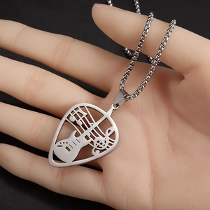 Fashionable heart-shaped guitar pick necklace with music notes in polished steel