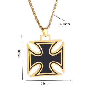 Hip hop style gold stainless steel necklace with black enamel iron cross pendant