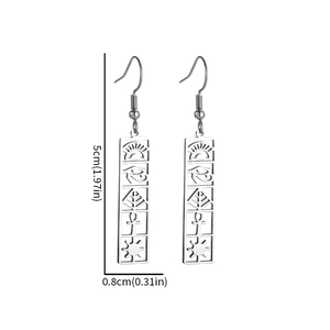 Eye of Horus stainless steel dangle earrings with Egyptian cutout symbols and dimensions