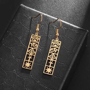 Golden Horus Eye stainless steel drop earrings with Egyptian hollow geometric design