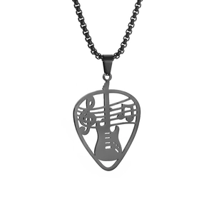 Close-up of matte black guitar pick necklace with hollowed-out musical note design