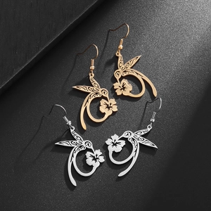 Elegant hummingbird flower dangle earrings in gold and silver stainless steel