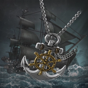 Vintage Nautical Anchor Rudder Pendant Necklace Retro Two-Tone Zinc Alloy Pirate Compass Jewelry Gift For Men Women Daily Accessory