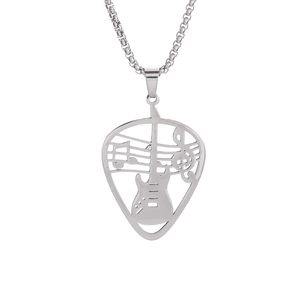 Silver stainless steel guitar pick necklace featuring hollow musical note pendants