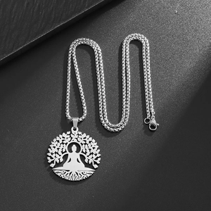 Silver stainless steel Tree of Life necklace featuring a Buddha pendant and box chain link