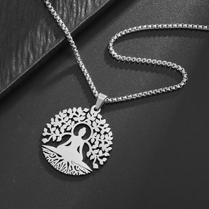 Polished stainless steel Tree of Life necklace with meditating Buddha silhouette pendant