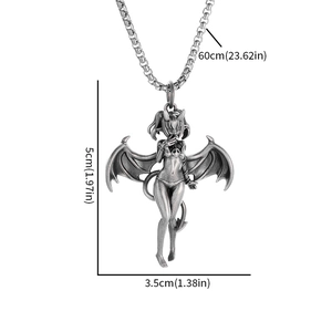 Retro silver succubus bat girl pendant necklace with demon wings on a 60cm chain