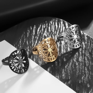 Detail of Viking compass rings in black, gold, and silver stainless steel finishes