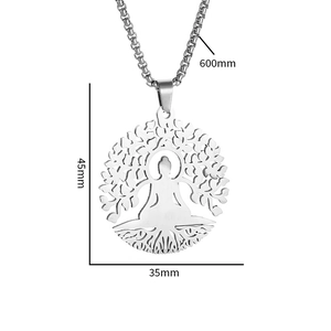Macro view of silver Buddha Tree of Life pendant with 45x35mm size specifications