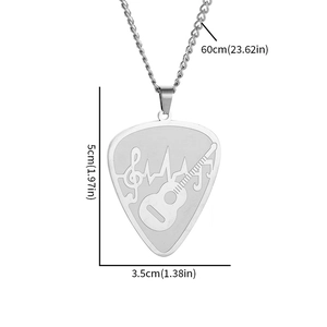 Polished stainless steel guitar pick necklace with heart and treble clef cutout design