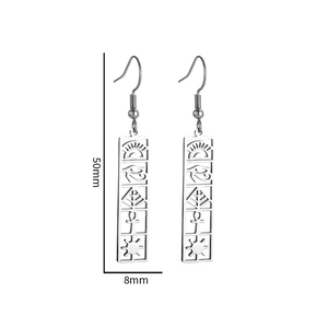 Detail view of silver Eye of Horus drop earrings with Egyptian symbols and size marking