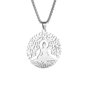 Silver stainless steel necklace featuring a hollow Tree of Life and Buddha pendant
