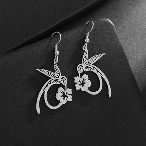 Fashionable stainless steel hummingbird and flower drop hook earrings for women
