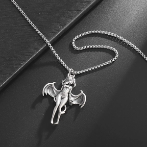 Gothic style cartoon bat girl pendant necklace in vintage silver finish on dark texture