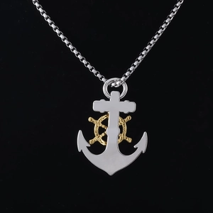 Vintage nautical anchor and compass pendant necklace with dual-tone polished metal finish