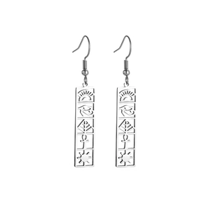 Polished stainless steel Eye of Horus dangle earrings with vintage Egyptian symbols
