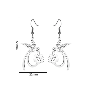 Detail showing hummingbird and flower earrings dimensions of 55mm by 22mm size